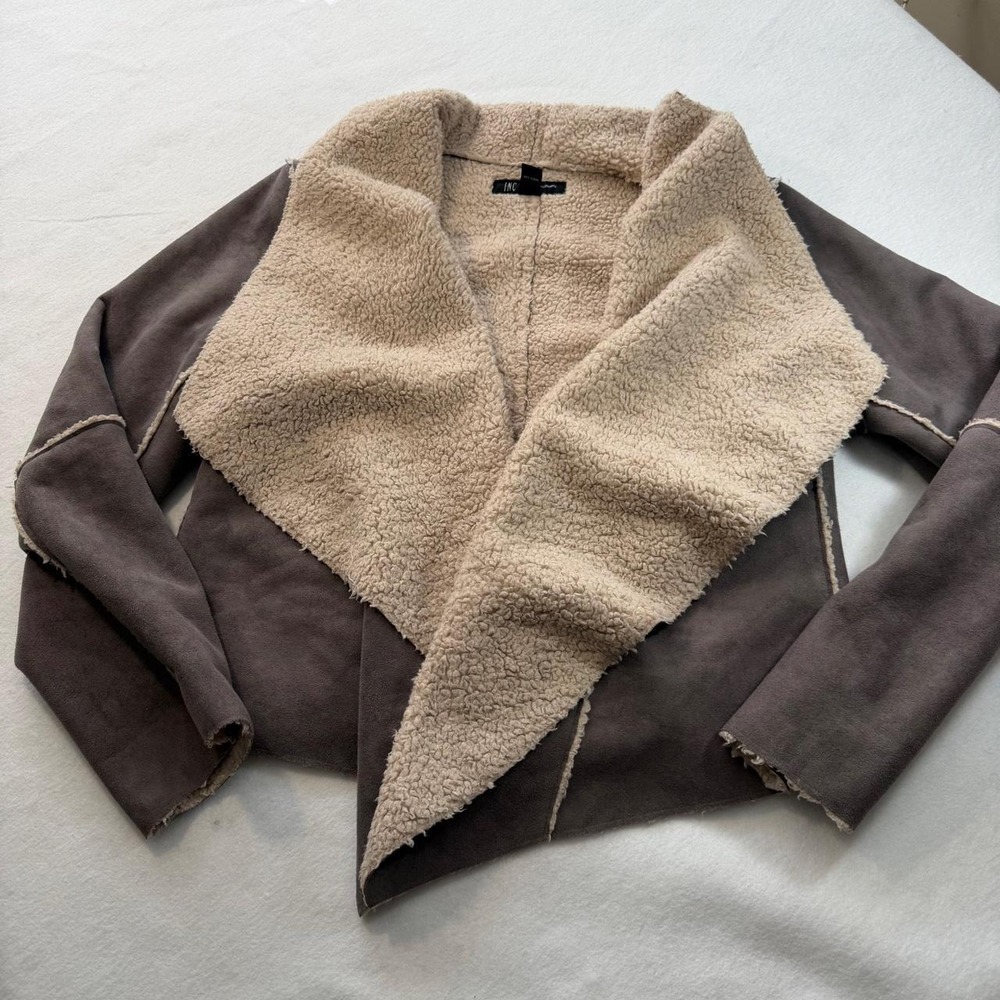 INC International Concepts Faux Suede Sherpa Waterfall Jacket Taupe Brown XL